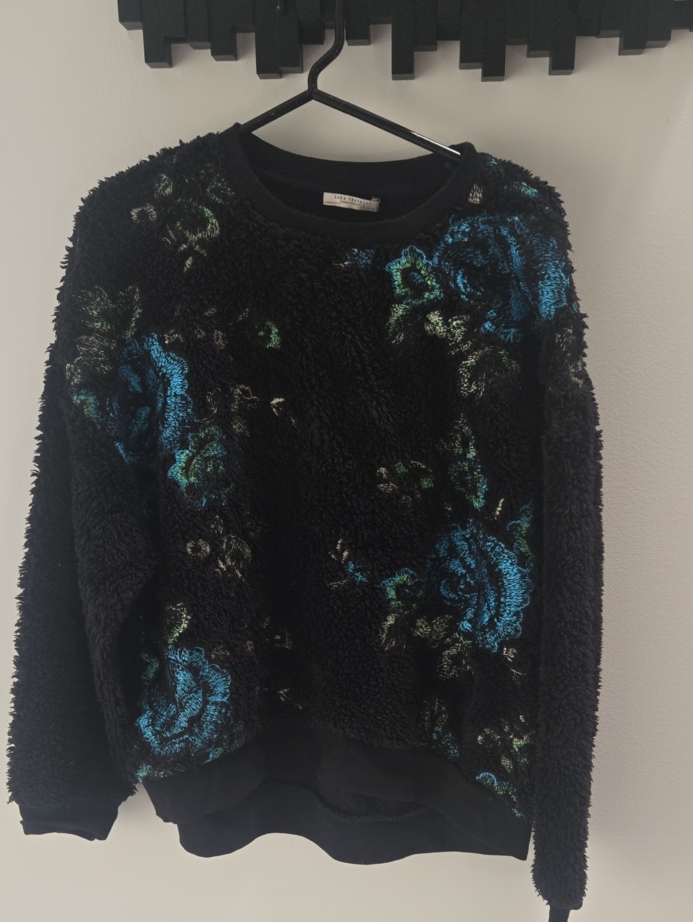 Zara Black Sherpa Sweater with Blue Floral Accents